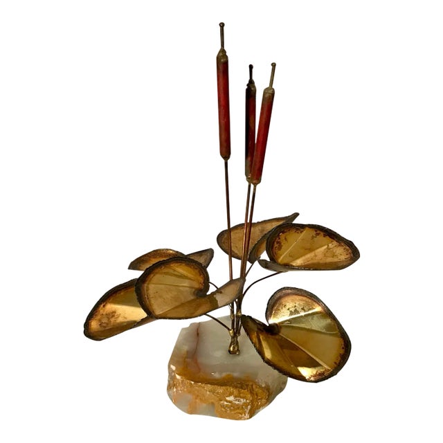 Mid-Century Brutalist Brass Cattail Sculpture Stone Base Attributed to Curtis Jere For Sale