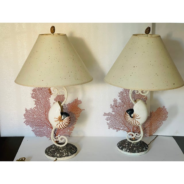 Red 1960s Impressive Coastal Pair Sea Shell W Sea Fans Lamps For Sale - Image 8 of 8