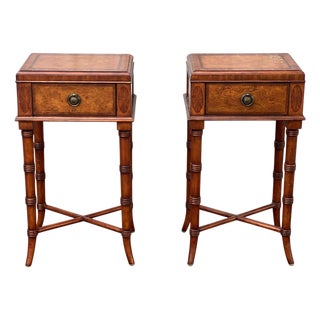 Pair Ethan Allen Faux Bamboo Burl Sofa/Bedside Tables For Sale