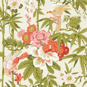 Sanderson Bamboo & Birds Wallpaper in Mandarin Red/Olive - a Sample