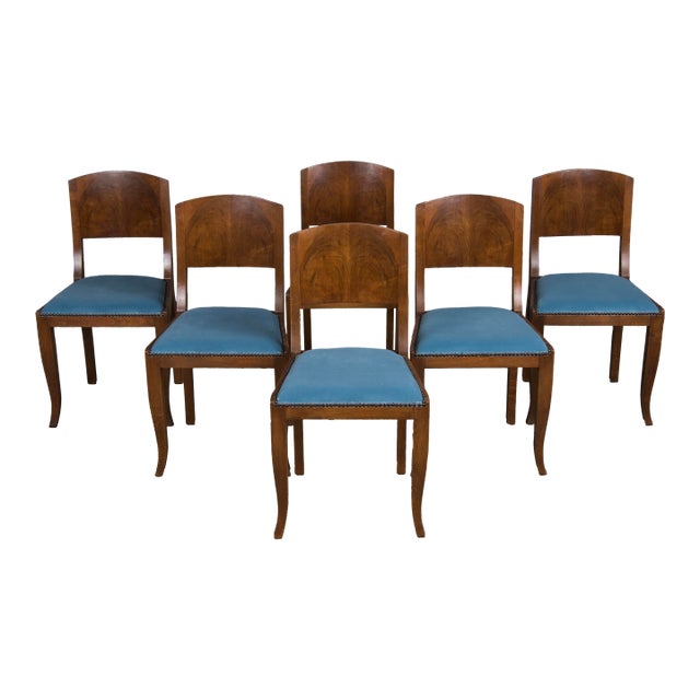 1950s French Art Deco Maple Dining Chairs W/ Blue Velvet - Set of 6 For Sale