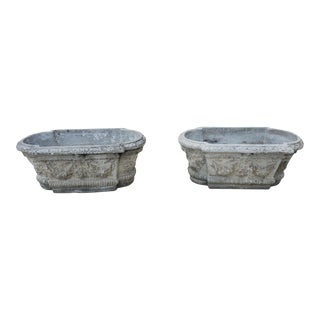 Pair of Mid Century French Rectangular Concrete Planter With Floral Swag Relief and Masks/Cherub Faces For Sale