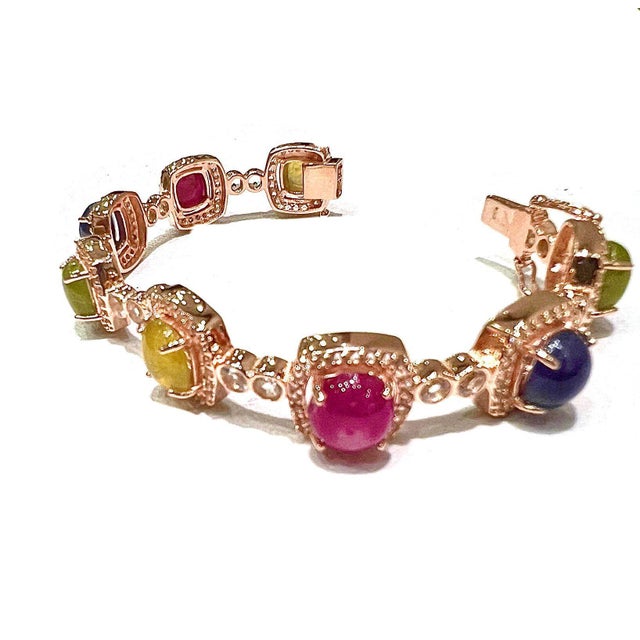 Baroque Bochic “Capri” Vintage Ruby & Multi Sapphire Cuff Set In 18K Gold & Silver For Sale - Image 3 of 9