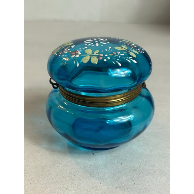 Antique Victorian Attributed to Moser Vanity Powder Jar Painted Blue Bohemian Glass Brass Hinge For Sale - Image 11 of 12