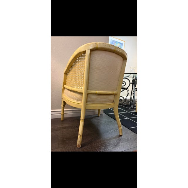 Wood Vintage Solid Wood Faux Bamboo & Cane Barrel Chairs - Pair - Needs Reupholstery For Sale - Image 7 of 8