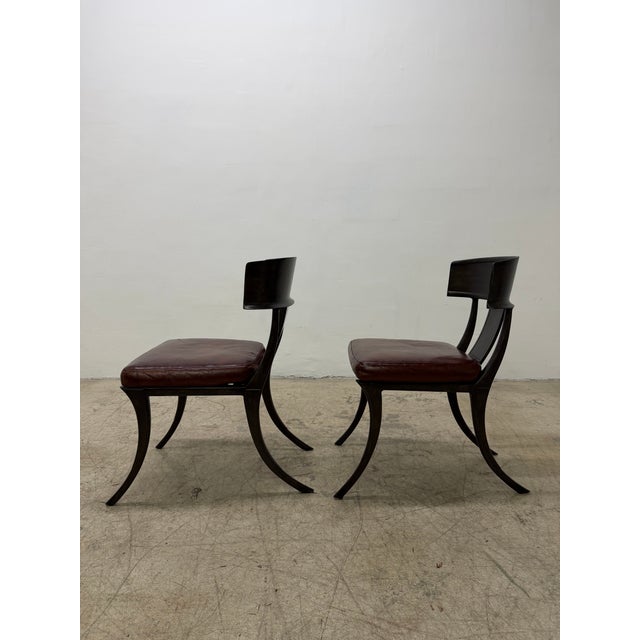 Mediterranean Michael Taylor Bronzed Klismos Garden Chairs With Leather Cushions, 1990s For Sale - Image 3 of 18