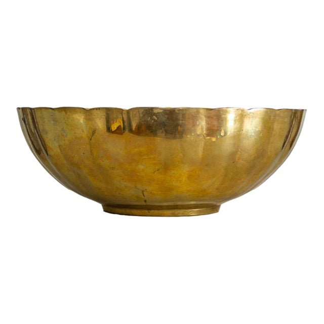 Danish Scandinavian Scalloped Brass Catchall Bowl Stamped Malm For Sale