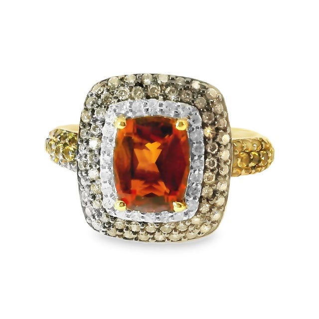 14K Yellow Gold Orange Citrine Champagne Diamond Cocktail Ring. This elegant estate ring features a natural emerald-cut...