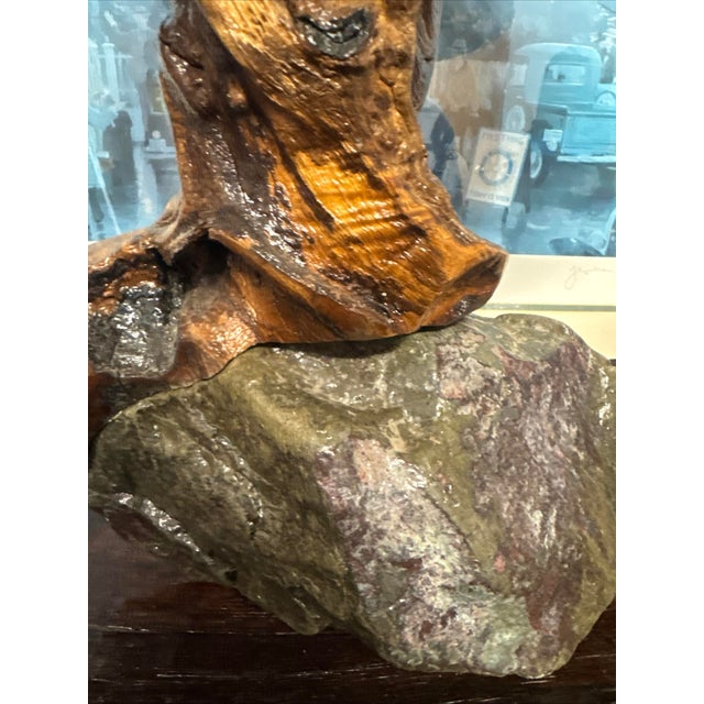 A. Richard Large Mid-Century Studio Craft Burl Root & Unakite Stone Lamp With Organic Fiber Shade — 16” For Sale - Image 4 of 17