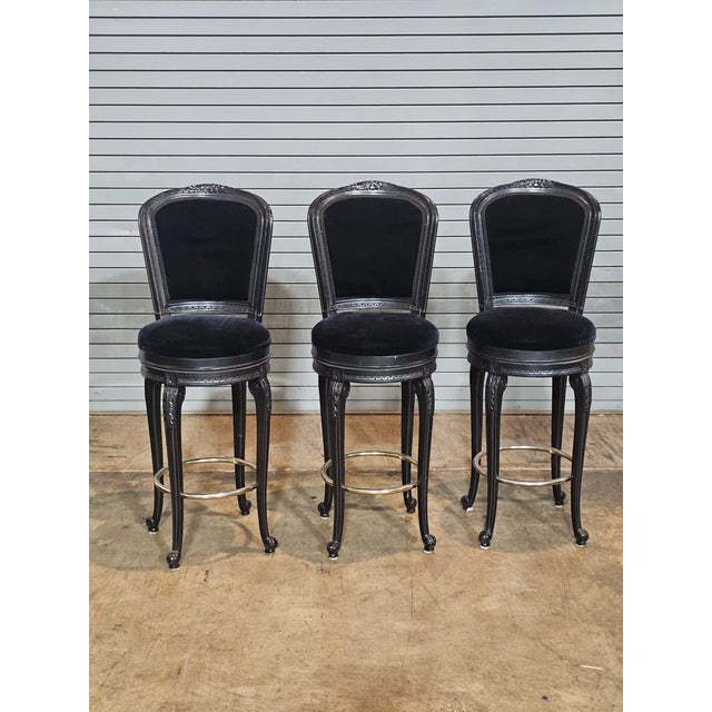 Set of 3 Casa Stradivari Ebonized Designer Swivel Counter Stools Bar Stools For Sale - Image 9 of 12