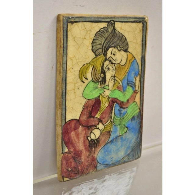 Early 20th Century Antique Persian Iznik Qajar Style Blue and Red Ceramic Pottery Tile Couple C5 For Sale - Image 5 of 9