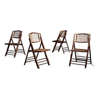Set of Four Vintage Tortoiseshell Burnt Bamboo Folding Chairs, 1940s For Sale