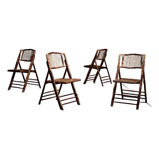 Set of Four Vintage Tortoiseshell Burnt Bamboo Folding Chairs, 1940s For Sale