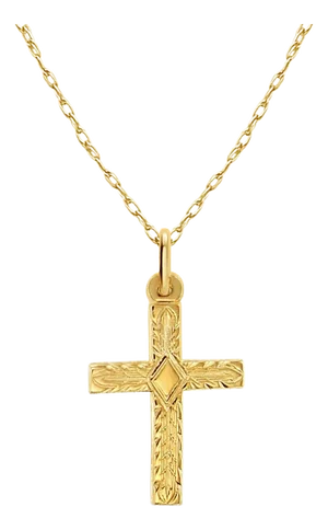 Vintage Style Cross with Diamond Design in Center 14k Yellow Gold 16"