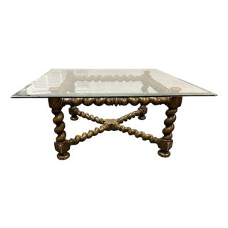 Baker Furniture Collectors Edition Barley Twist Oak Glass Top Coffee Table - Vintage Mid 20th Century For Sale