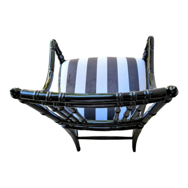 1950s Antique Faux Bamboo Armchairs in Black Lacquer and Striped Velvet Upholstery - Set of 2 For Sale - Image 9 of 13