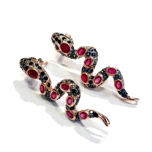 Pink Bochic “Orient” Vintage Ruby & Sapphire Serpent Earrings Set 18K Gold & Silver For Sale - Image 8 of 15