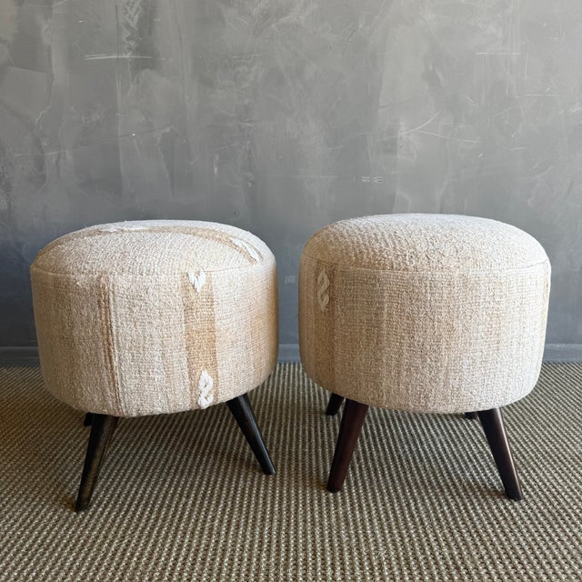 Mid-Century Modern Pair of Off white, natural, greige Vintage Turkish Rug Ottomans For Sale - Image 3 of 11