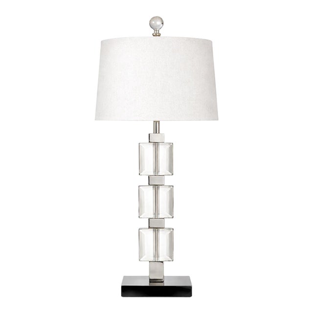Late 20th Century Modern Architectural Stacked Glass Cube Table Lamp — 30” Geometric Chrome & Crystal With Linen Drum Shade For Sale