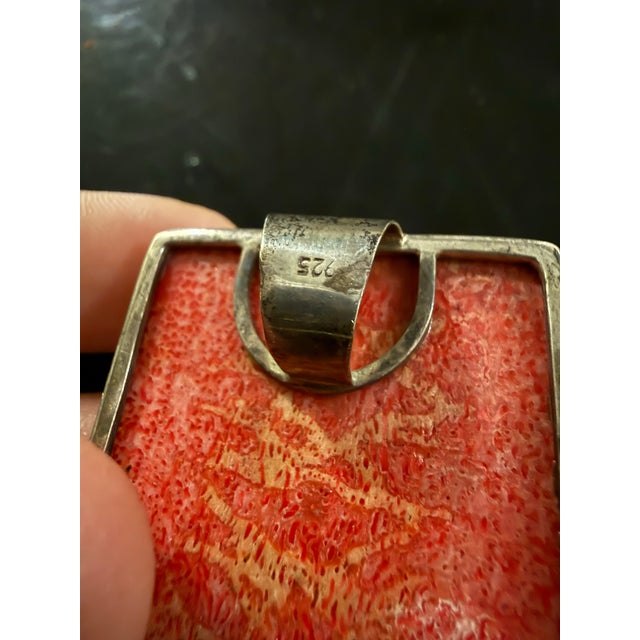 Art Deco 1960s Sterling Silver Red Sponge Coral Pendant Rectangle Modernist Classic 1.5x1.75in For Sale - Image 3 of 5