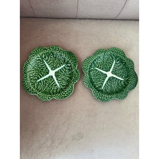 Late 20th Century Vintage Bordallo Pinheiro Green & White Cabbage Leaf Dessert Plates, Set of 2 For Sale - Image 5 of 5