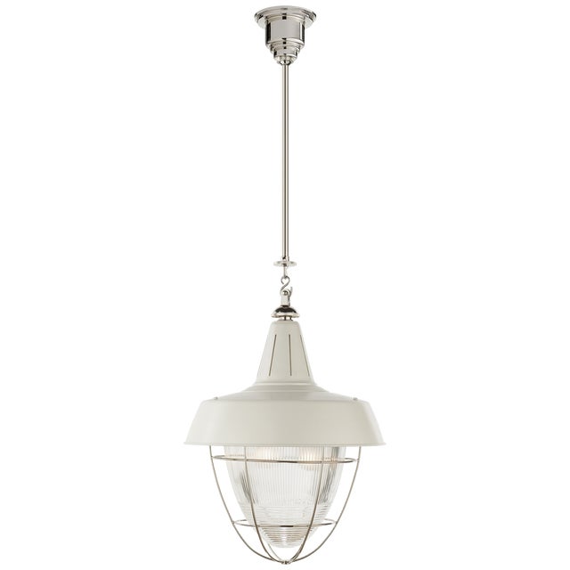 Henry Industrial Hanging Light in Polished Nickel and White Shade with Industrial Prismatic Glass Designer: Thomas O'Brien...