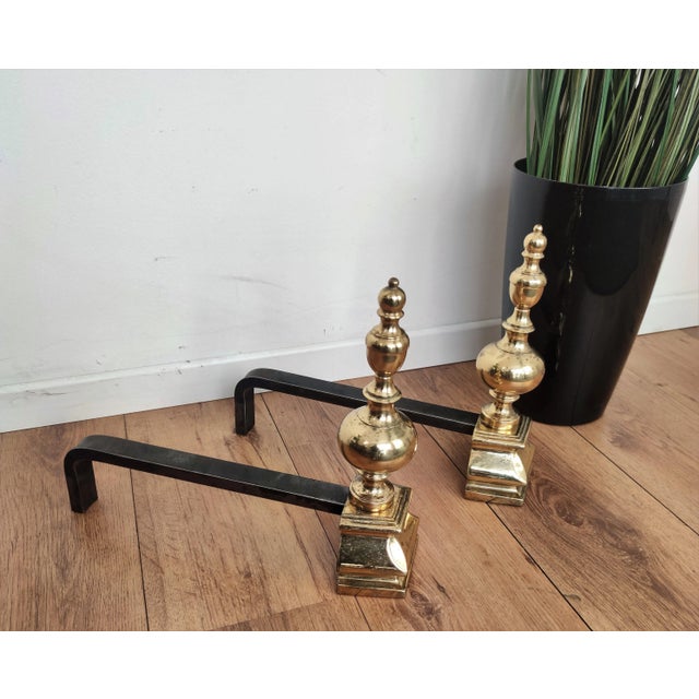 Mid-Century Italian Brass and Wrought Iron Andirons, Set of 2 For Sale - Image 4 of 7