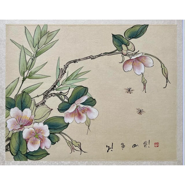 Chinoiserie Vintage Original Chinese Watercolor Painting on Silk Flowers and Butterflies For Sale - Image 3 of 8