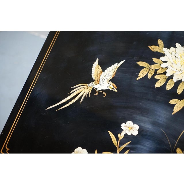 Vintage Chinese Chinoiserie TV Media Stand in Black Lacquered Paint with Bird & Flowers For Sale - Image 9 of 18