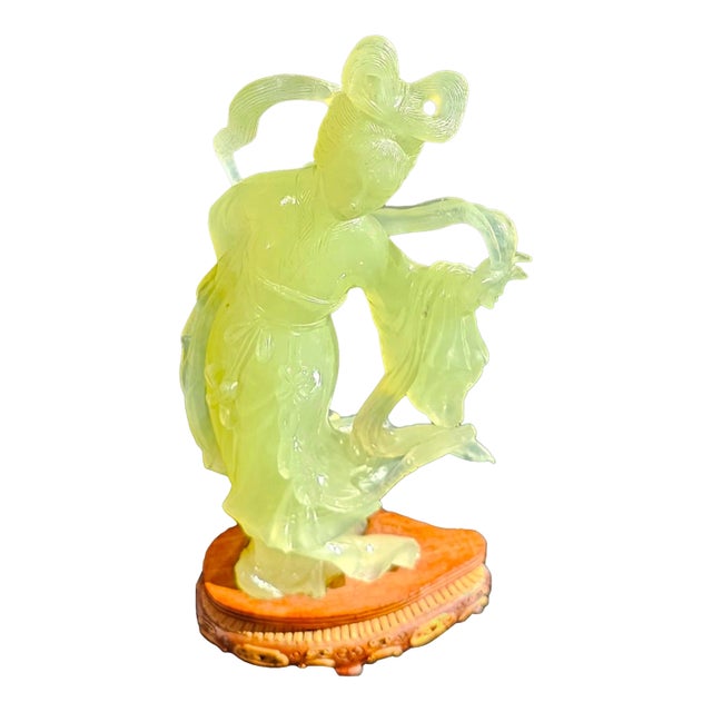Mid 20th Century Chinese Apple Green Jade Carving Figurine of Young Woman With Wooden Stand For Sale