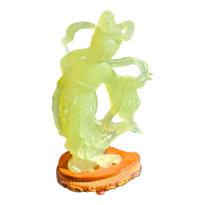 Mid 20th Century Chinese Apple Green Jade Carving Figurine of Young Woman With Wooden Stand