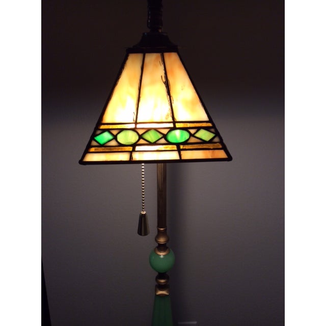Art Deco Antique 1920 - 1930 Art Deco Jadeite Cast Iron Floor Lamp With Shade For Sale - Image 3 of 13