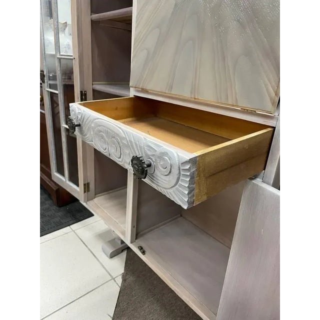 1940's Tiger Oak Mirrored Desk Cabinet, Locking Glass Side Doors, Flip Down Desk-Top For Sale In New York - Image 6 of 12