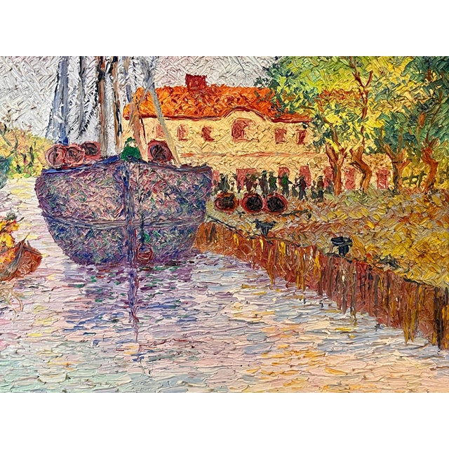 Paint 1960s Lélia Pissarro Signed Oil Painting French Harbor Port Landscape Impressionist For Sale - Image 7 of 7