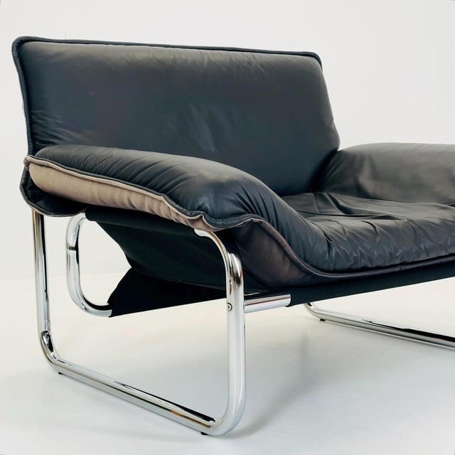 Textile Mid-Century Modern Tublar Frame Chair in Black Leather by Johan Bertil Häggström for Ikea, 1970s For Sale - Image 7 of 16