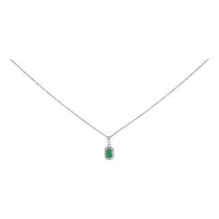 10K White Gold 5x3mm Green Emerald and Diamond Accent Halo Octagonal Shape 18" Pendant Necklace (I-J Color, I1-I2 Clarity) For Sale