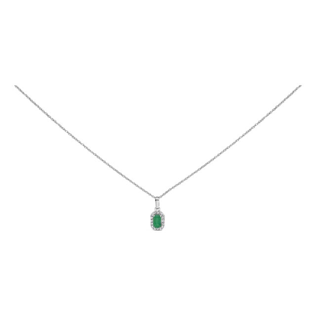 10K White Gold 5x3mm Green Emerald and Diamond Accent Halo Octagonal Shape 18" Pendant Necklace (I-J Color, I1-I2 Clarity) For Sale