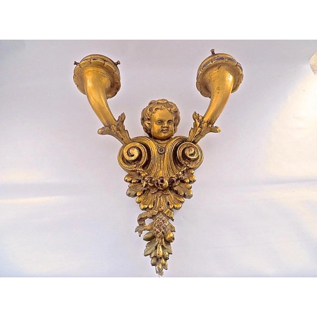 Mid 19th Century 19thc French Louis XV Carved & Gilt Wood Putto/ Cherub Double Wall Sconces Electrified a - Pair For Sale - Image 5 of 13