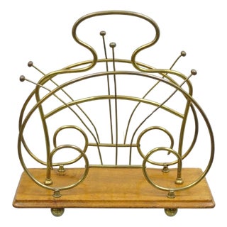 Antique English Victorian Brass and Oak Wood Scrolling Magazine Rack For Sale