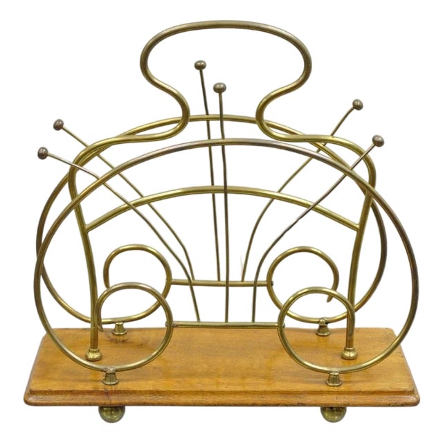 Antique English Victorian Brass and Oak Wood Scrolling Magazine Rack For Sale