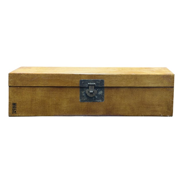 Vintage Scholar Mustard Yellow Leather Rectangular Wood Trunk Box For Sale