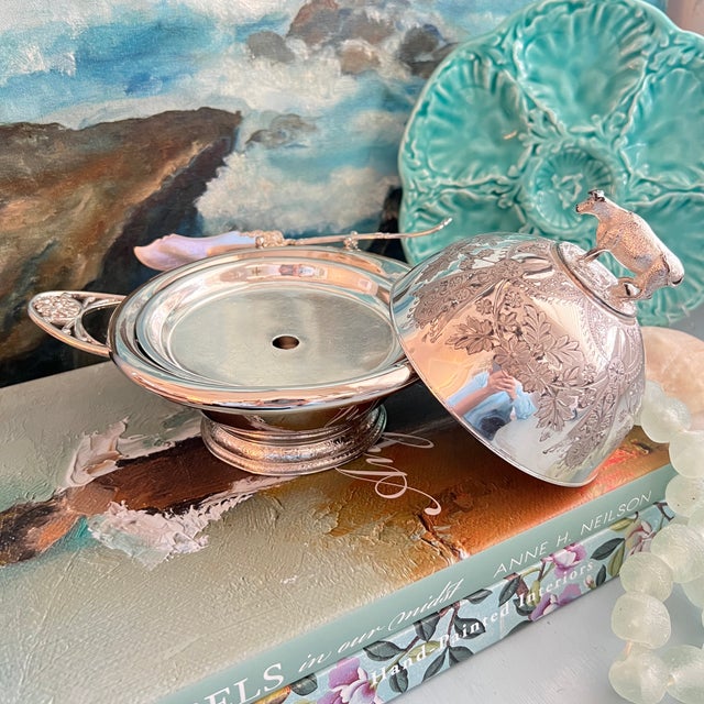 Silver Antique Victorian Quadruple Silverplate Butter Cooler With Cow Finial and Butter Knife by Meriden Brittania Co. For Sale - Image 8 of 17