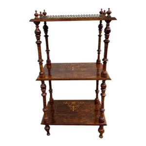 19th Century Antique Victorian Style 3 Tier Burled Wood Walnut Marquetry Inlaid Étagère Shelves.