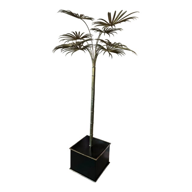 Vintage Brass Gold Italian Tole Metal Palm Tree Pot Statue Faux Bamboo Plant For Sale