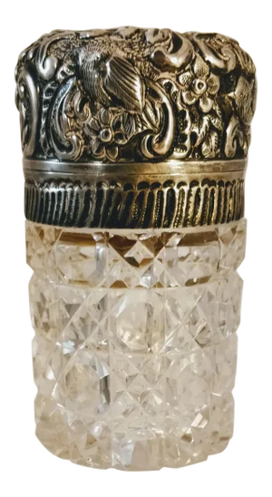 Antique Bird & Floral Sterling Silver Cut Glass Dresser Vanity Jar