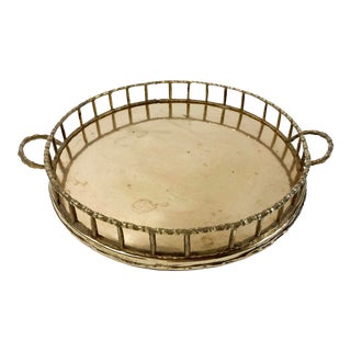 Vintage Large Round Faux Bamboo Brass Rail Gallery Tray For Sale