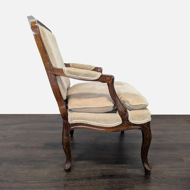 French Louis XV Style Carved Wood Velvet Fauteuil Armchair For Sale - Image 3 of 11