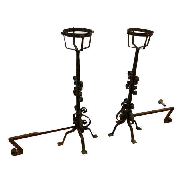 Large French Wrought Iron Fire Dogs, Set of 2 For Sale