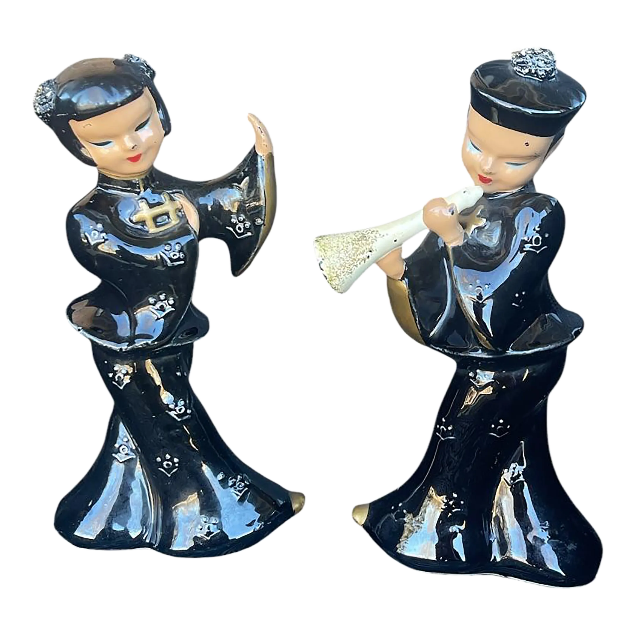 Vintage Ceramic Figurines Set of 2 Asian Dancer and Musician