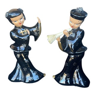 Vintage Ceramic Figurines Set of 2 Asian Dancer and Musician, Kreiss 1955 For Sale